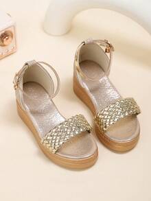 1 Pair Toddler Girls' Metallic Woven Upper Buckle Decor Soft & Luxurious PU Leather Sandals, Simple One-Strap Design, Round Toe, Comfortable Platform Wedge Heel, Fashionable Princess Style Casual High Heels Suitable For Daily, Party, Holiday Wear - 金色 - 查看 3