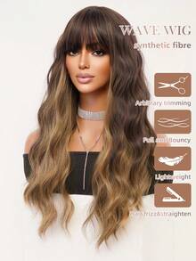 棕色挑染亚麻金长波浪卷发圣诞假发，带刘海，蓬松自然，易于打理，耐热合成假发，魅力性感，适合女性日常派对、万圣节角色扮演、化装舞会、音乐节、嘉年华等场合，26英寸 - 漸層棕色 - 查看 5