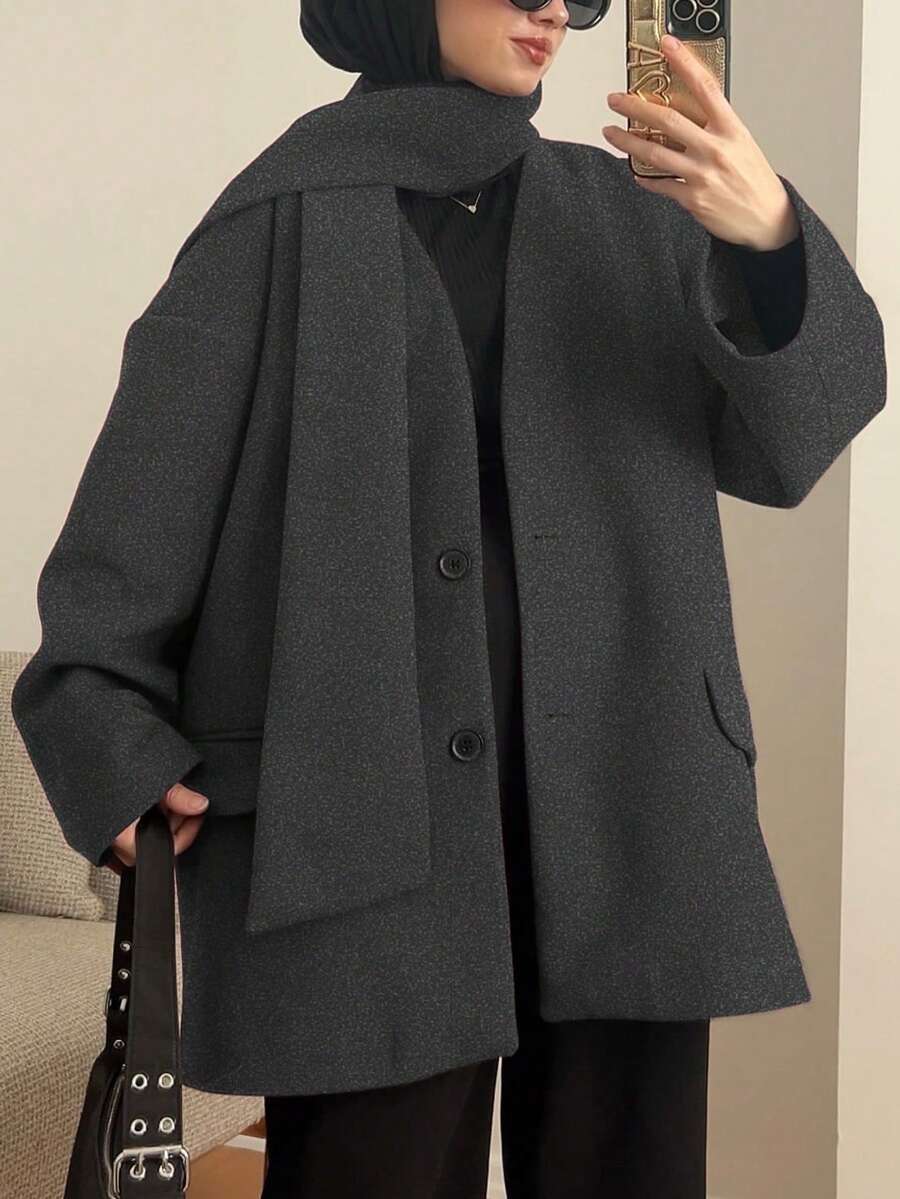 1pc Women's Fashionable & Versatile Solid Color Ribbed Pocket Front Button Jacket (Including Scarf) - Grey - View 1