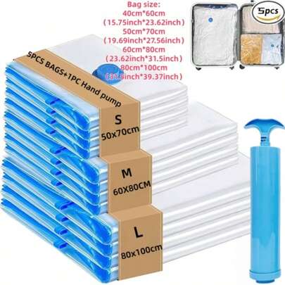 Super Large Travel Essentials Compression Bags, 4 Sizes Space-Saving Compression Bags, Vacuum Seal Bags With Portable Manual Pump, Vacuum Storage Bags For Clothing Travel, Space-Saving Luggage For Compressed Packing, Clothing Storage, Cruise Accessories, Luggage, And Home Storage Bags