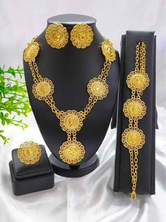 1 Set de 4 piezas Conjunto de joyería de mujer con colgante, aretes, pulsera y anillo con baño de oro con retrato, adecuado para boda, fiesta, Halloween, Navidad, cumpleaños, regalo para mamá, hermana, novia