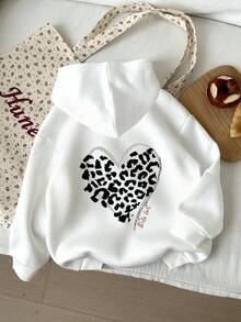 Y2K Leopard Heart, Tween Girls' Casual Fun Pattern Printed Thick Sweatshirt, Kids' Pullover Autumn/Winter - White - View 3