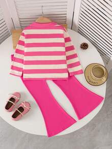 Young Girls Striped Polo Collar Long Sleeve Top + Casual Flare Pants Set - Hot Pink - View 2