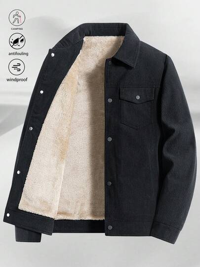 1pc Black Corduroy Thermal Lined Long Sleeve Jacket, Outdoor Camping Style, Water-Resistant & Wind-Proof, Sherpa Lining For Warmth, Turndown Collar, Multi-Pocket Design, Practical For Outdoor Activities & Team Building