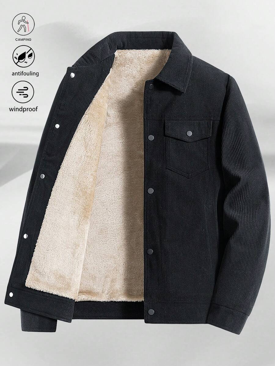 1pc Black Corduroy Thermal Lined Long Sleeve Jacket, Outdoor Camping Style, Water-Resistant & Wind-Proof, Sherpa Lining For Warmth, Turndown Collar, Multi-Pocket Design, Practical For Outdoor Activities & Team Building - Black - View 1