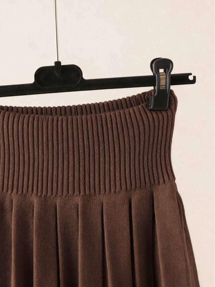 GIGOGOU 纯色休闲百褶短款女士针织裙，适合度假、晚间约会、秋冬季 - 摩卡棕 - 查看 5