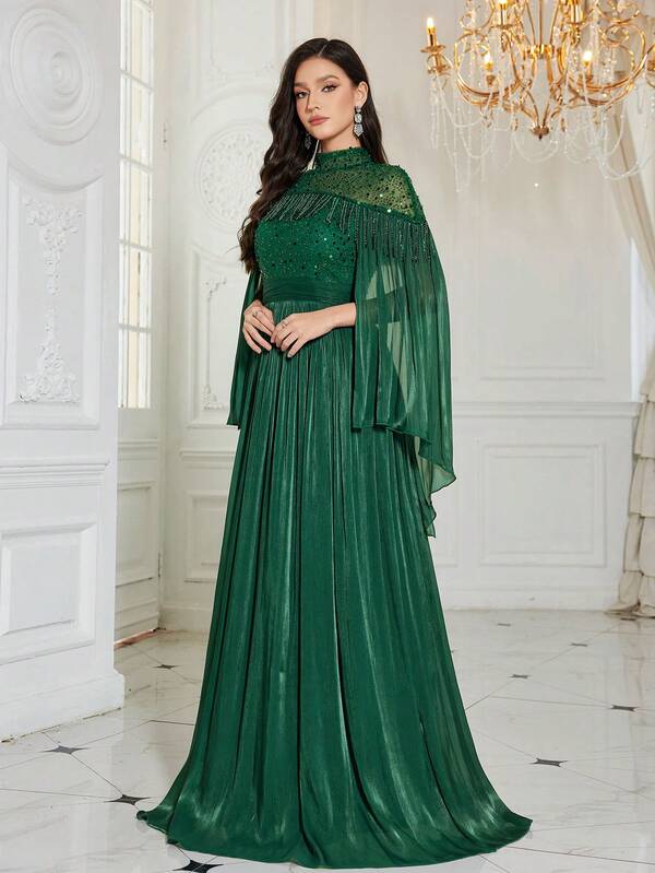 UNITHORSE Vestido largo de noche de mujer UNITHORSE con cuello alto, mangas con volantes, lentejuelas, parches y flecos, ajustado, perfecto para graduaciones, vestidos de dama de honor, cenas formales, invitados de boda y fiestas