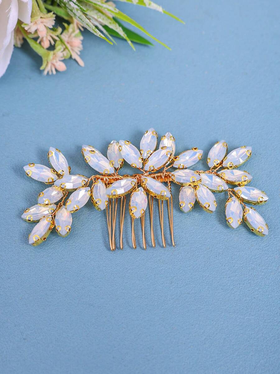 1件优雅水晶女士发梳，水钻发饰，浪漫新娘婚礼头饰，公主派对装饰情人节配饰 - 金色 - 查看 1