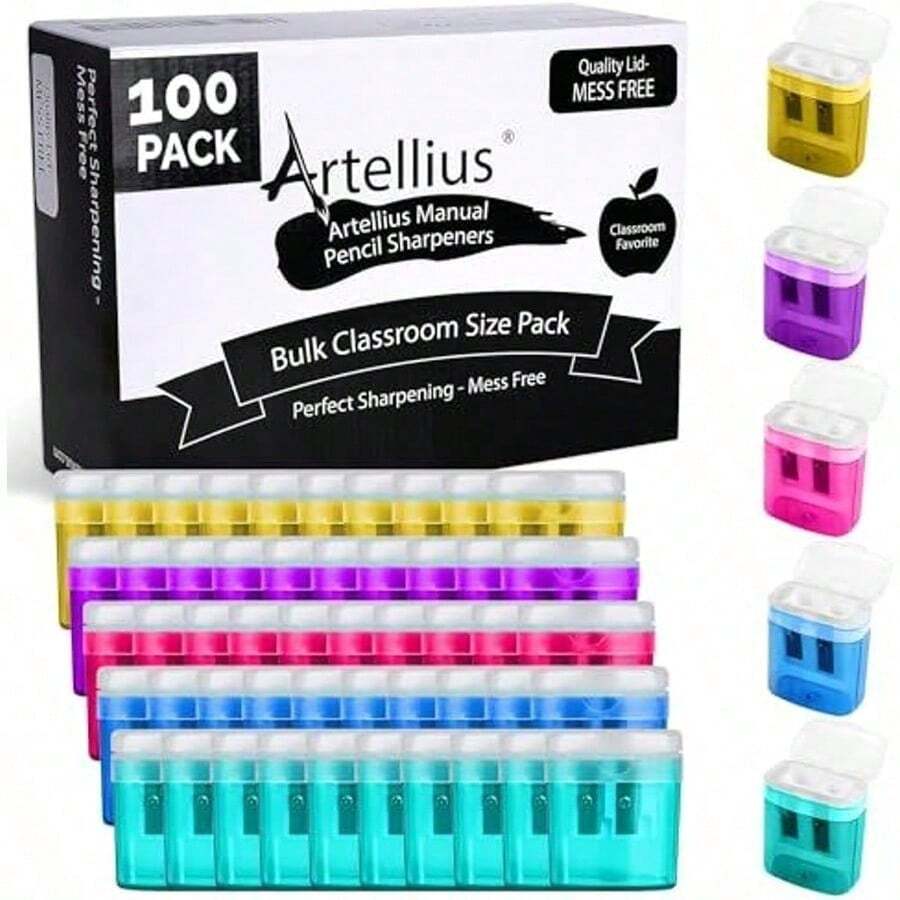 100 Pack Bulk Pencil Sharpeners - Double Hole Sharpener for Classroom Supplies Manual Pencil Sharpener for Colored Pencil Sharpener for School Supplies. Handheld Pencil and Crayon Sharpener - Multicolor - Ver 1