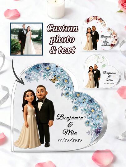 1 قطعة لوحة قلب أكريليك مخصصة لنذور الزفاف، مع نقش أسماء وتاريخ شخصي ونقوش زهرية، هدية رومانسية للأزواج في الزفاف والذكرى السنوية، ديكور مثالي لطاولة الاستقبال