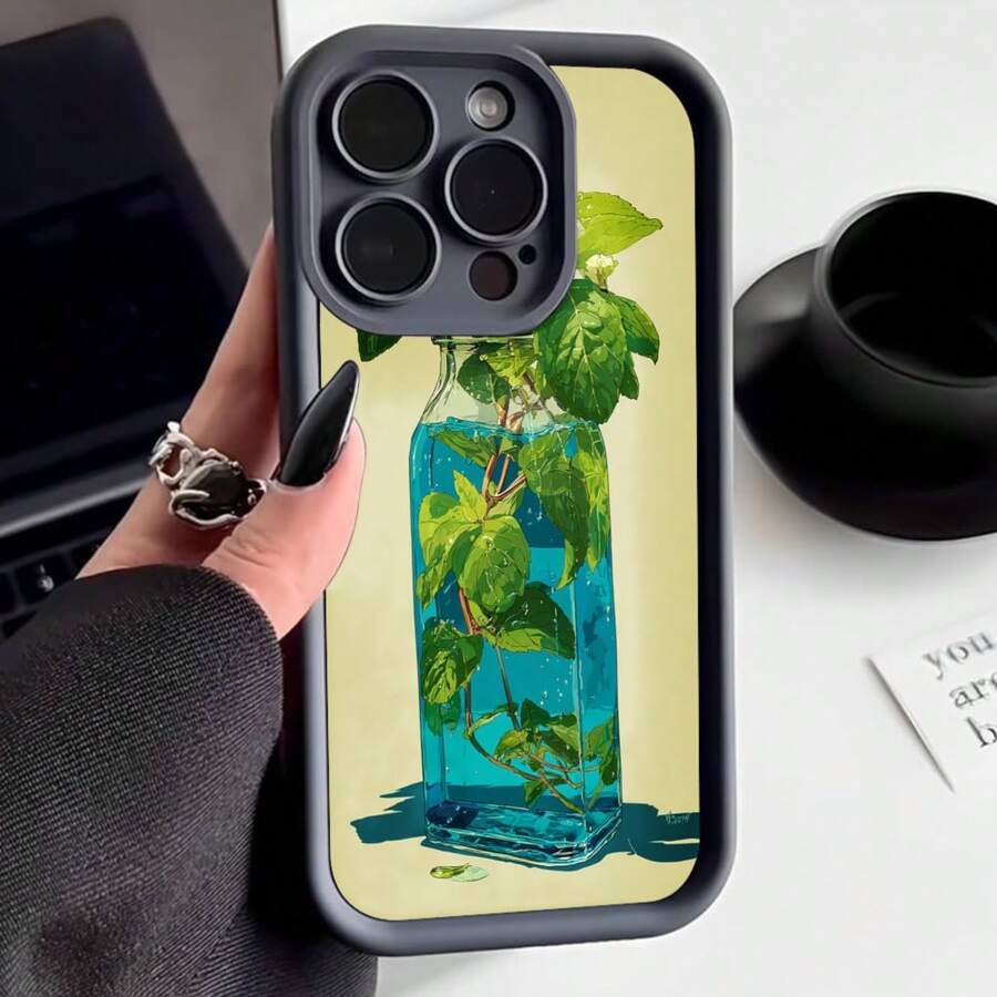Cubierta de telefono con borde negro y diseño de botella de agua con plantas verdes sobre fondo crema para uso diario y estilo minimalista - Blanco - Ver 1