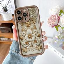 Cubierta de teléfono con bordado floral beige y dorado diseño elegante para mujer uso diario y ocasiones especiales - Blanco - Ver 5
