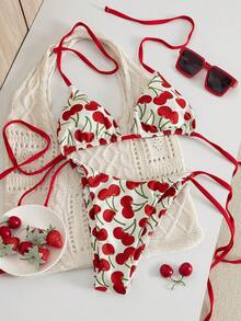 Sultry Sol Bộ bikini buộc dây cổ yếm in hình quả anh đào, gợi cảm, thanh lịch và thoải mái, chất liệu co giãn cao, đồ bơi mùa hè dành cho nữ, thích hợp cho bãi biển, khu nghỉ dưỡng, tiệc bể bơi và kỳ nghỉ. - Nhiều màu - Xem 4