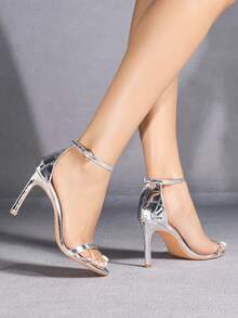 Sandalias de tacón alto y punta abierta con tira de tobillo, de estilo minimalista elegante y sexy, para vestidos de primavera y verano - Plateado - Ver 5