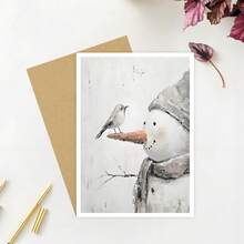 1张冬季主题雪人和鸟儿卡片，雪人圣诞卡片，独特圣诞卡片，圣诞礼物，送给特别的人的圣诞礼物 - 彩色 - 查看 7