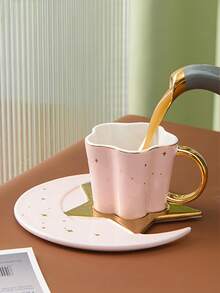 1pc Nordic Style Ceramic Coffee Cup & Saucer Set, Creative Gold-Plated Handle, Fashionable Star & Moon Design, Elegant Office/Afternoon Tea Cup
