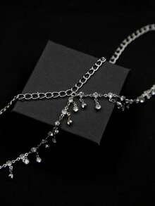 1pc Women Minimalist Rhinestone Chain Waist Chain, Multi-Layer Diamante Body Chain With Tassel - Silver - View 3