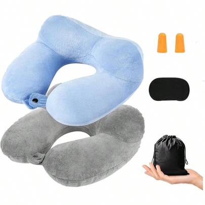 2 Pack Inflatable Travel Pillow For Airplanes Inflatable Neck Flight Pillows With Compact Bag And Blindfold For Traveling Airplane Train Car Office Light Gray And Sky Blue