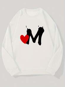 Men's Oversized Navy Blue Crewneck Sweatshirt With White M & Red Heart Lettering - Casual Loose Fit Sweater, Machine Washable, Valentine's Day Gift For Boyfriend Or Husband, Everyday Comfortable Pullover, Relaxed Round Neck Design, Solid Color With White Letter M And Red Heart Detail, Stylish And Versatile For Men's Fashion Men's Casual Warm Crewneck Sweatshirt For Winter - màu đen - Xem 6