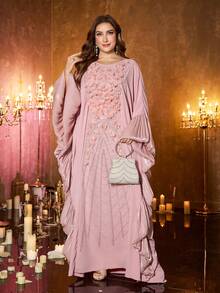 UNITHORSE Plus Size Women's [Random Cut] Stand Collar Batwing Sleeve Dress, New Luxury High-End Elegant Sequin Lace Patchwork Matte Satin Dress - Pink - View 2