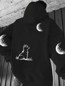 1 pieza Sudadera con capucha informal para hombre de talla grande con estampado de gato y luna, de tela cómoda, adecuada para salidas casuales, viajes al aire libre, ocio en casa, gran regalo para hombres, primavera/otoño - Negro - Ver 1