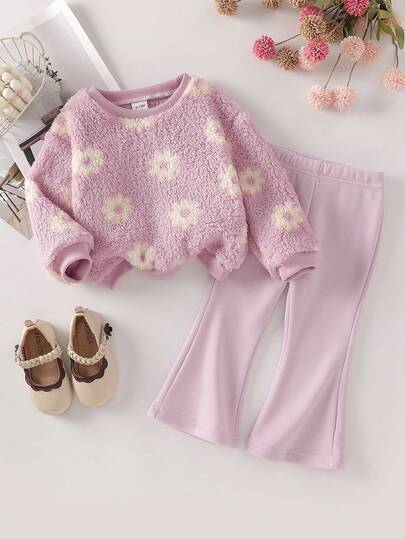 Baby Girl Floral Print Fleece Sweatshirt And Pants Casual Outfit, Autumn/Winter