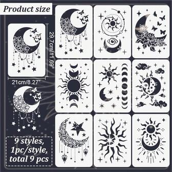 9pcs/Set Sun & Moon Wall Stencils, 30 X 21cm Reusable Painting Templates For Tile, Wood, Canvas, Furniture, Home Decor