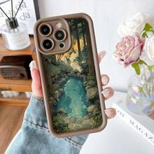 Cubierta de telefono con borde negro diseño bosque con arroyo y ciervo para iPhone 14 Pro Max protector de pantalla resistente al impacto estilo natural ideal para uso diario y viajes - Café integral - Ver 7