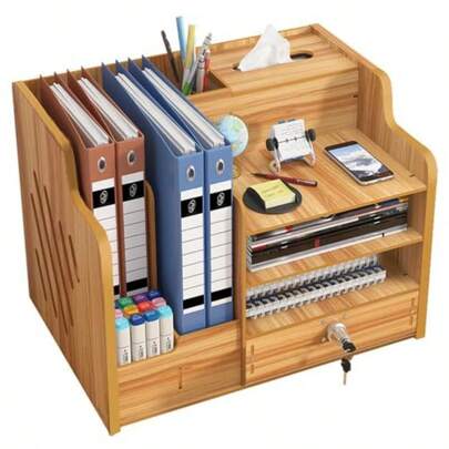Desk Organizer Desktop Wood Bookshelf File Organizer Pen Holder And Tissue Holder 1 Drawer With Lock For Office Home