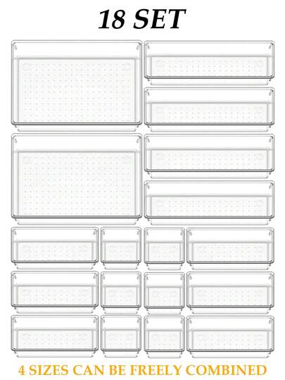 1pc/5pcs/7pcs/11pcs/18pcs Drawer Organizer Storage Set, 4 Sizes Multi-Functional Makeup/Bathroom Drawer Organizer Boxes, Transparent Plastic Desktop Drawer Organizer Trays, Customizable Makeup/Kitchen/Office Storage Boxes, Vanity Decor, Bathroom Accessories, Holiday Decor, Room Decor, Skincare, Perfume Storage