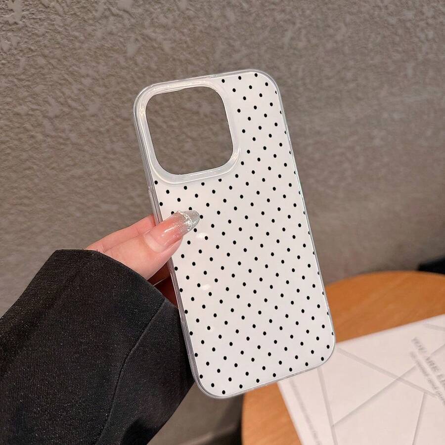 Black Polka Dot Large Hole White Background IMD Double Layer Transparent Suitable For Apple  17 Air 16 15 14 13 12 Pro Max/17 16 15 14 Plus 13 12 11 Pro Phone Case Soft Edge Hard Back Protective Case Anti-Drop Wear-Resistant Unisex - 透明白 - 查看 1