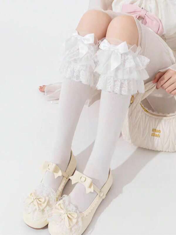 1 para damskich skarpetek w jednolitym kolorze, do łydki | Wielowarstwowe, koronkowe, japońskie skarpetki baletowe z kokardką, uniwersalne, łatwe do dopasowania, urocze pończochy na przyjęcia herbaciane w stylu Lolita