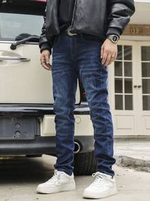 男士猫抓纹理弹力修身直筒牛仔裤，宽松长款，马蹄形水洗，复古蓝，Y2K风格，适合与朋友休闲外出 - 霧霾藍 - 查看 3