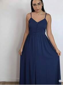 Long Dress In Viscose Linen, Plain, With Thin Straps, Buttons Down The Front, Padded Cups And Lining. Elasticated Back. - Navy Blue - View 2