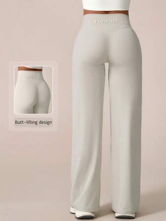 TimeOff 1 pieza Pantalones deportivos de mujer minimalistas con cintura elástica, estampado de letras, pierna recta y ancha, con efecto de elevación en forma de V