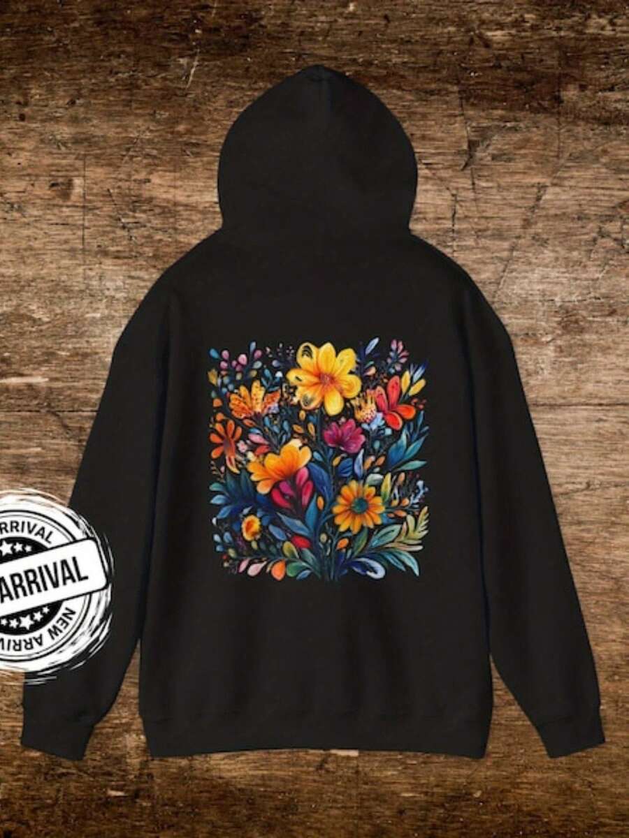 Wildflower Hoodie Floral Print, Cozy Black Sweater - 款式3 - 查看 1