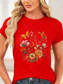 Camiseta de  con Estampado de Mariposas y Flores para Otoño y Primavera - Rojo - Ver 6