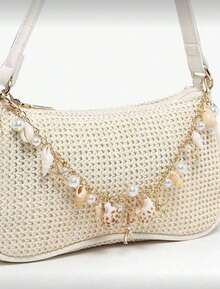 Novachic Woven Minimalist Style Shell & Starfish Decor Zipper Closure Shoulder Bag/Hobo Bag, Suitable For Daily And Holiday Use, Summer Beach Vibe (Natural Shell Accessories May Have Slight Damages During Shipping) - Màu be - Xem 4