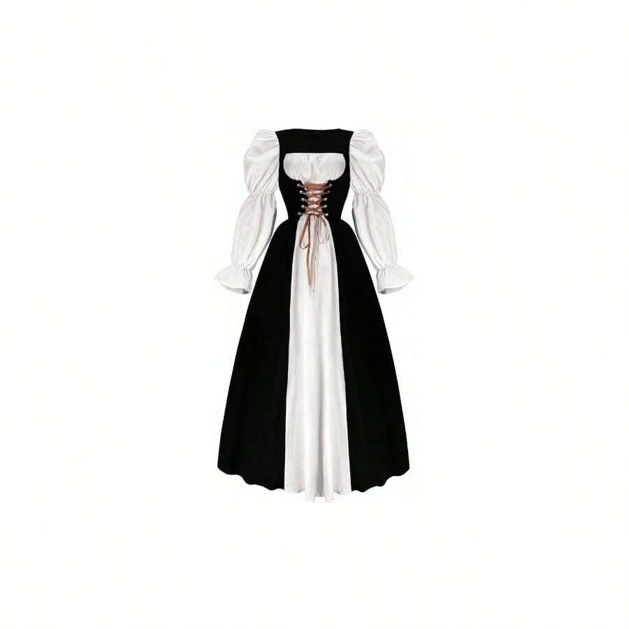 Womens Renaissance Dress, Halloween Medieval Victorian Costume Lace Bubble Sleeve Fairy Maxi Dresses - 黑色+大號 - 查看 1