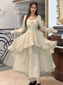 Women's Elegant Evening Party Dress Long Sleeve Ruffles Mesh Patchwork Dresses Christmas Birthday Wedding Guest Dress Autumn French Style Female Fall Vintage Chic New Year Night Going Out Outfits