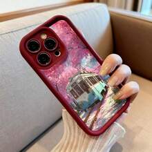 Cubierta de teléfono con diseño de tranvía y flores de cerezo en tonos rosados y azules para iPhone 14 Pro Max protector resistente ideal para uso diario y viajes - Negro - Ver 6