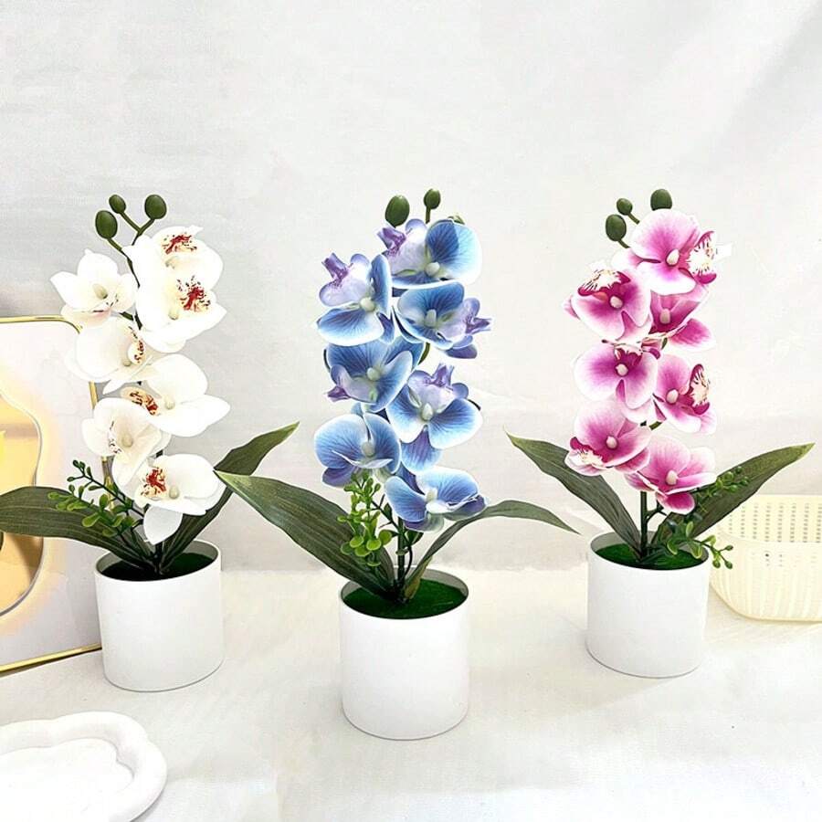 逼真仿真蝴蝶兰盆栽 - 鲜艳的粉色、白色、紫色仿真花朵，家居装饰、婚礼、节日、餐桌摆设，无需养护，蝴蝶装饰，新年节日必备礼物 - 彩色 - 查看 1