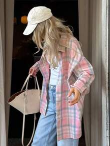 Women's Casual Plaid Flannel Long Sleeve Shirt, Spring/Autumn - Pink - View 4