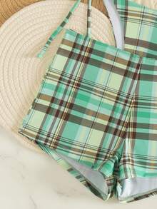 Bộ bikini ba mảnh kẻ caro thời trang dành cho nữ có dây rút thắt nút ở cúp tam giác, mang phong cách giản dị, ngọt ngào và gợi cảm, thiết kế hở lưng, hoàn hảo cho kỳ nghỉ ở bãi biển. - màu xanh lá - Xem 5