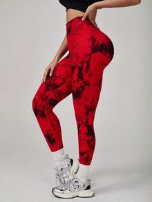 High Waisted Seamless Slim Tie-Dye Leggings For Women -Resilient Soft Touch Quick-Drying Breathable 4-Way Stretch Butt Lifting Legging, For Hiking Running Cycling Yoga Pickleball Exercise Casual - 紅色 - 查看 4