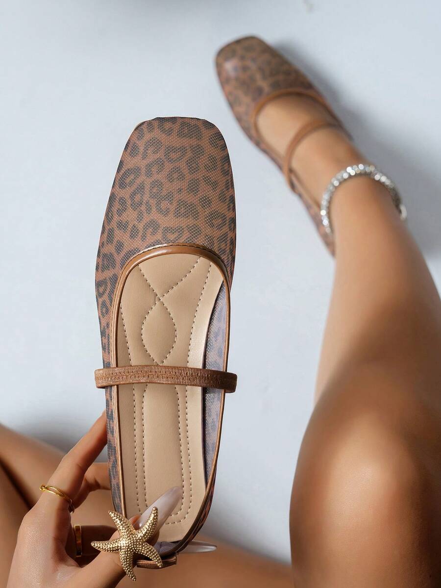 秋冬季方头网眼豹纹女式平底鞋，时尚舒适透气玛丽珍芭蕾平底鞋，一脚蹬乐福鞋 - 豹紋 - 查看 1