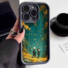 Cubierta de telefono con borde negro diseño de bosque mágico con niños caminando hojas amarillas y estrellas doradas para uso diario y estilo artístico - Negro - Ver 2