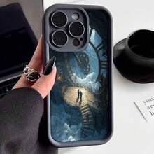 Cubierta de telefono con diseño de reloj gigante y escaleras en el cielo color azul oscuro para iPhone 14 Pro Max funda protectora con estampado artístico ideal para amantes del arte surrealista y viajes en el tiempo - Negro - Ver 2