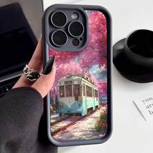 Cubierta de teléfono con diseño de tranvía y flores de cerezo en tonos rosados y azules para iPhone 14 Pro Max protector resistente ideal para uso diario y viajes - Negro - Ver 2