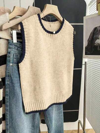 Chaleco de punto acanalado sin mangas para mujer de talla grande, cuello redondo casual, longitud regular, otoño/invierno